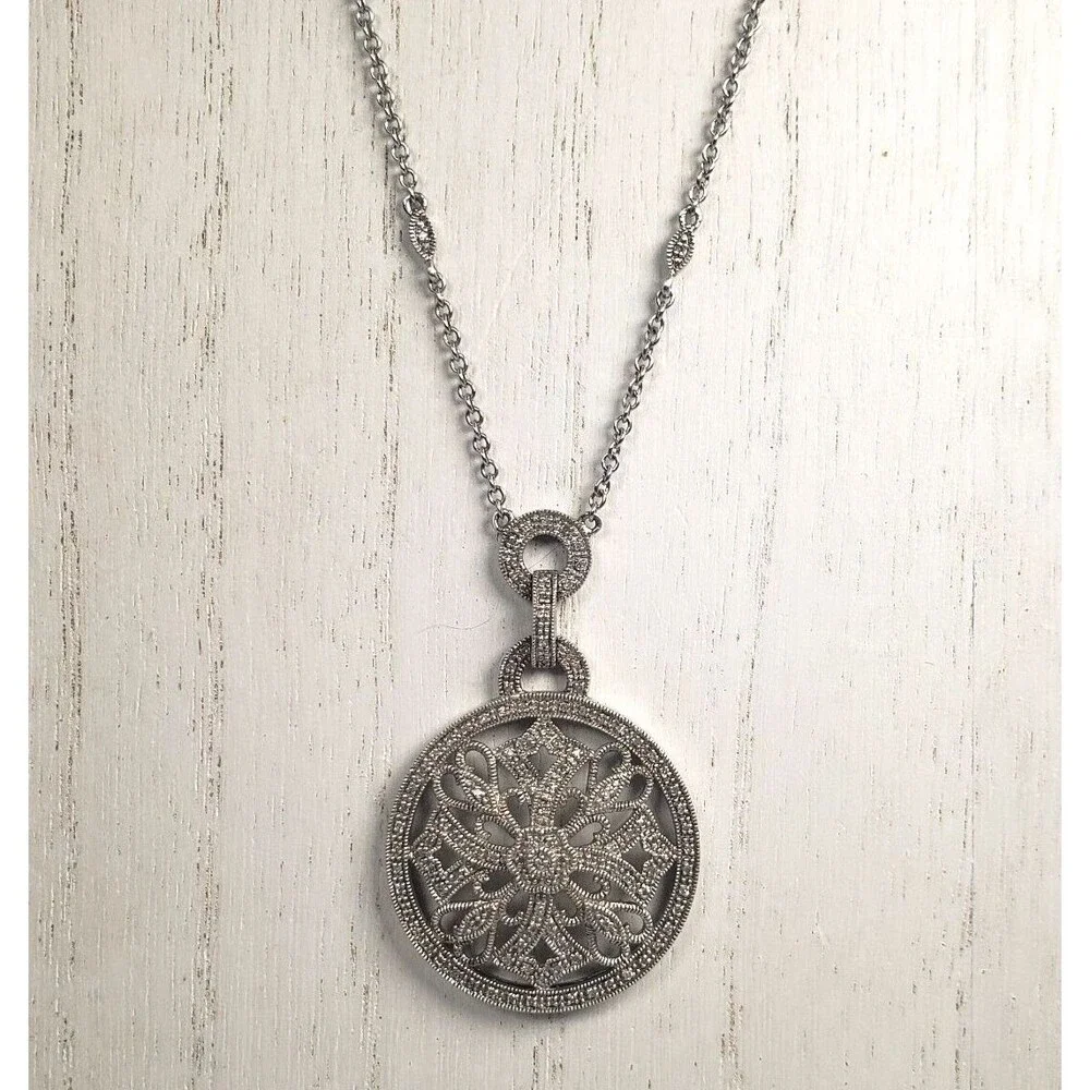 Vintage 925 Sterling Silver w Diamond Circle Cross Hearts Pendant Chain Necklace - Picture 11 of 16